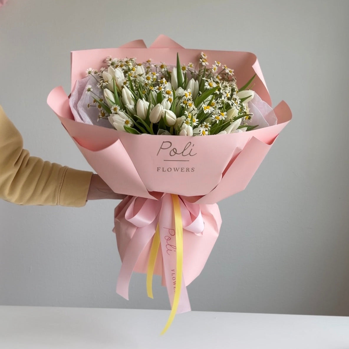 White Tulips & Chamomile Bouquet